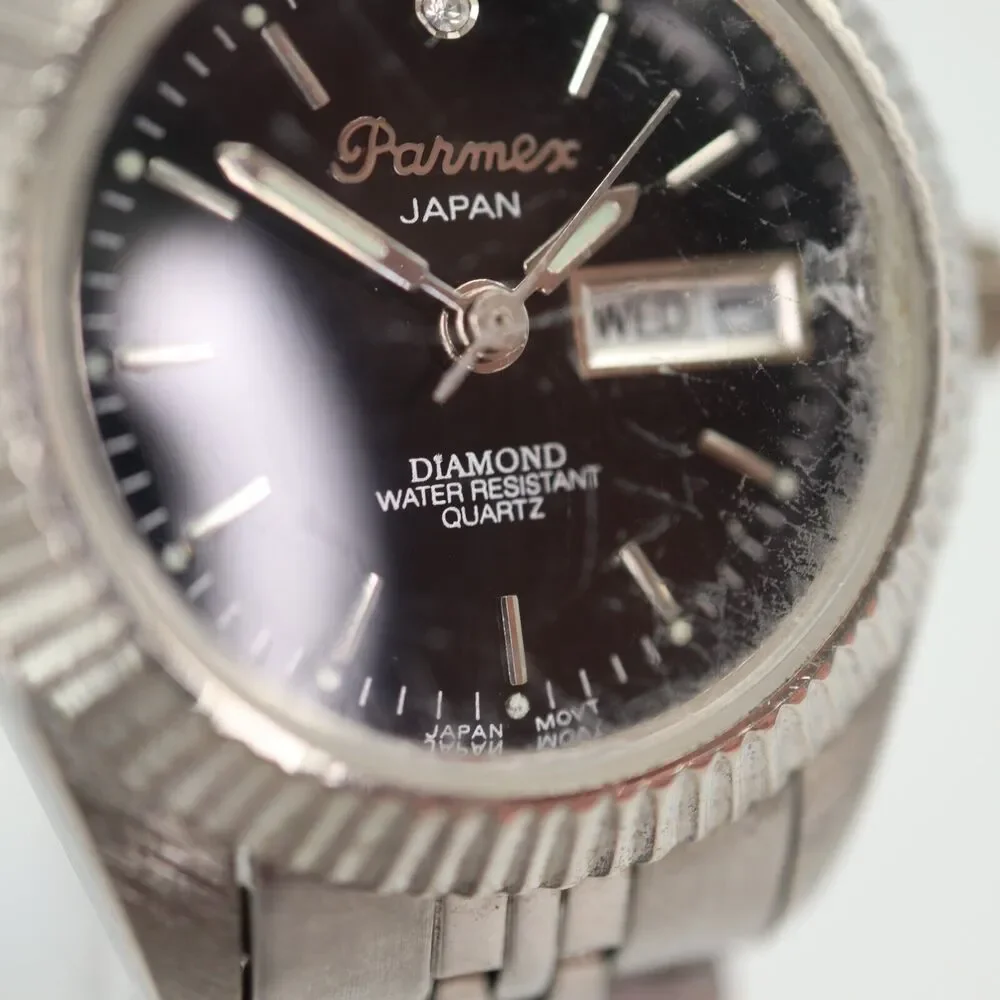 Parmex Women Watch 26mm Day Date Silver Tone Vintage Presidential w New Battery